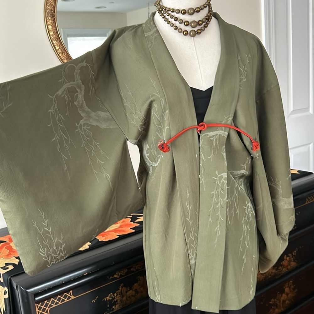 Vintage Olive Green Kimono Jacket with Subtle Willow Motif and Red Cord